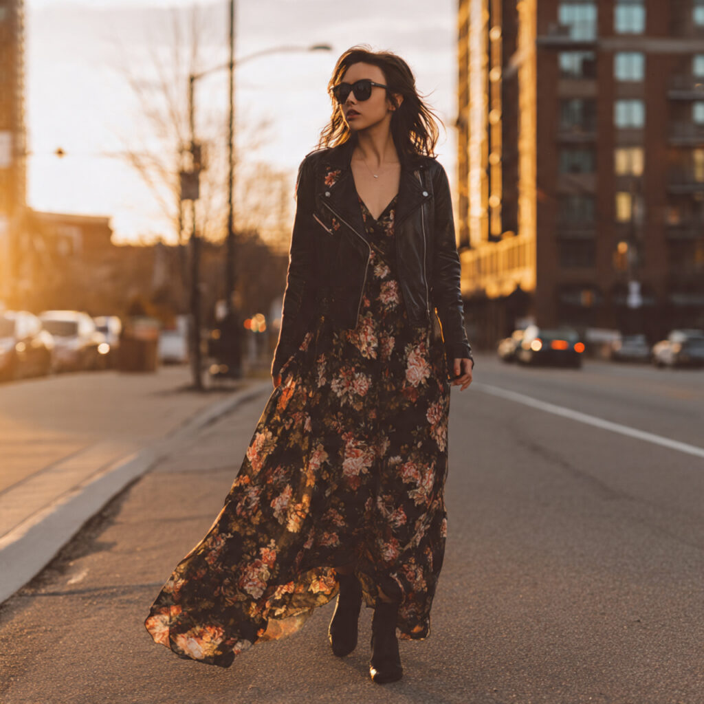 25 Trendy Western Outfit Ideas to Upgrade Your Wardrobe 3 Floral Maxi Dress with Leather Jacket Idea