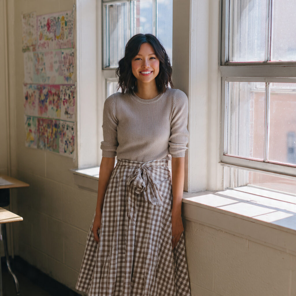 20 Best Teacher Outfit Ideas: Stylish, Comfortable Looks for Every School Day 12 Gingham Print Midi Skirt Idea