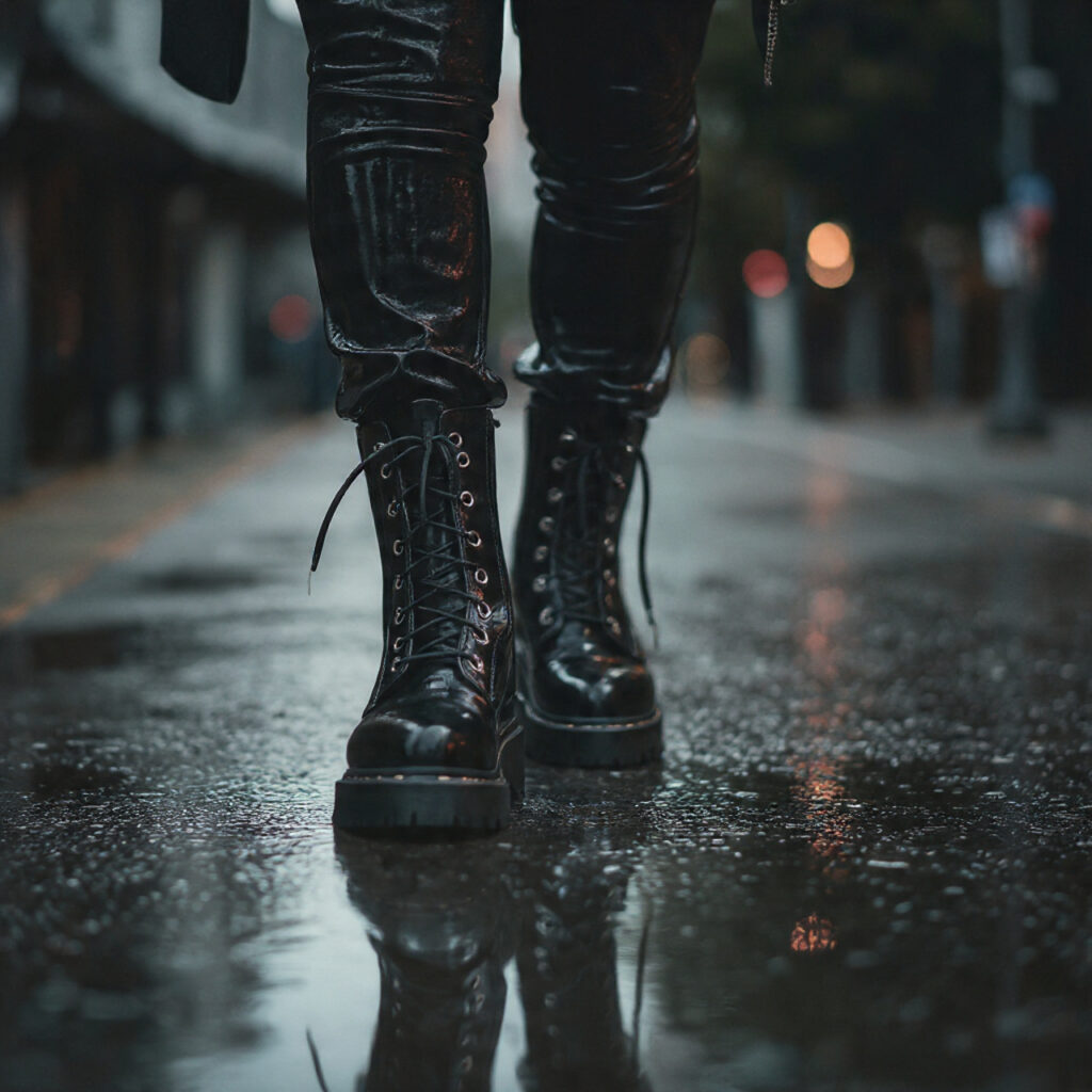High Gloss Combat Boots and Leather Pants Idea