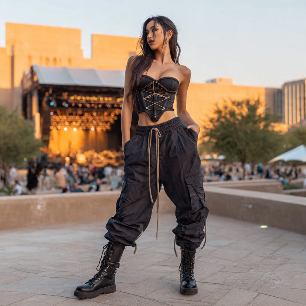 High Waisted Cargo Pants and Corset Top