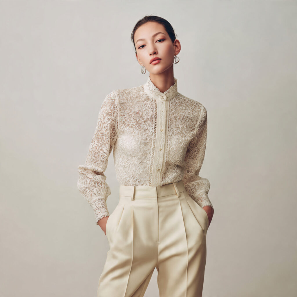 High-Waisted Trousers and Lace Blouse