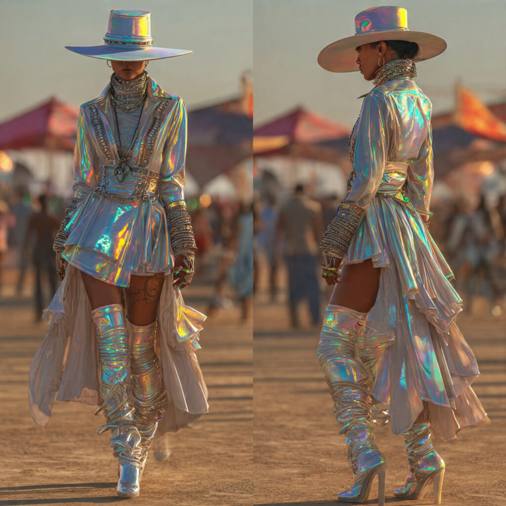 25 Trendy Festival Outfit Ideas to Elevate Your Music Festival Style 1 Holographic Space Cowboy Idea
