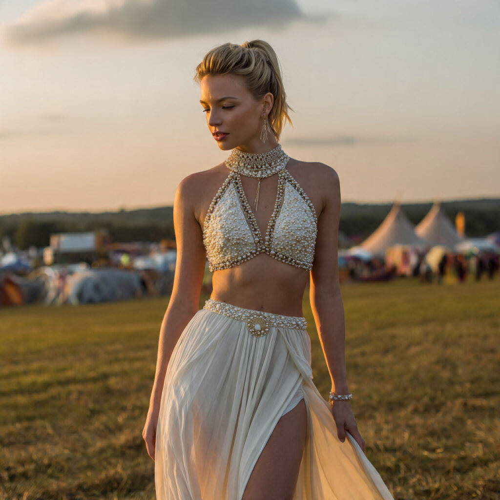 25 Trendy Festival Outfit Ideas to Elevate Your Music Festival Style 25 Iridescent Pearl Embellished Idea
