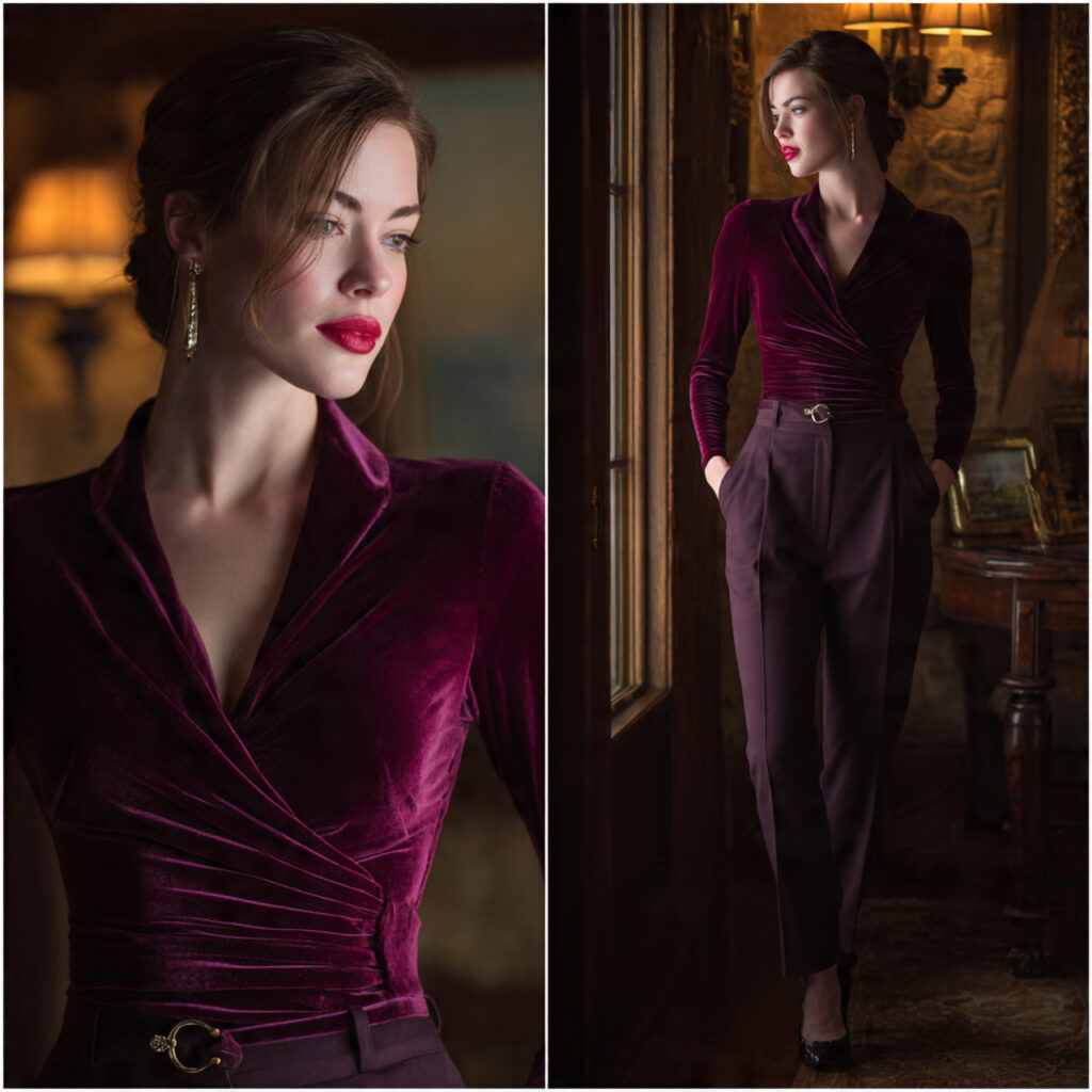 Jewel Toned Velvet Wrap Top and Slacks