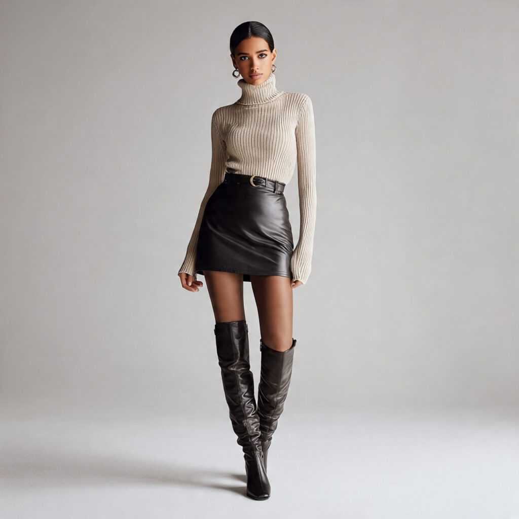 Leather Mini Skirt with Ribbed Turtleneck