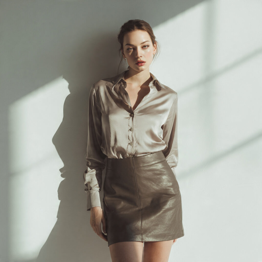 Leather Skirt and Silk Button-Up Duo