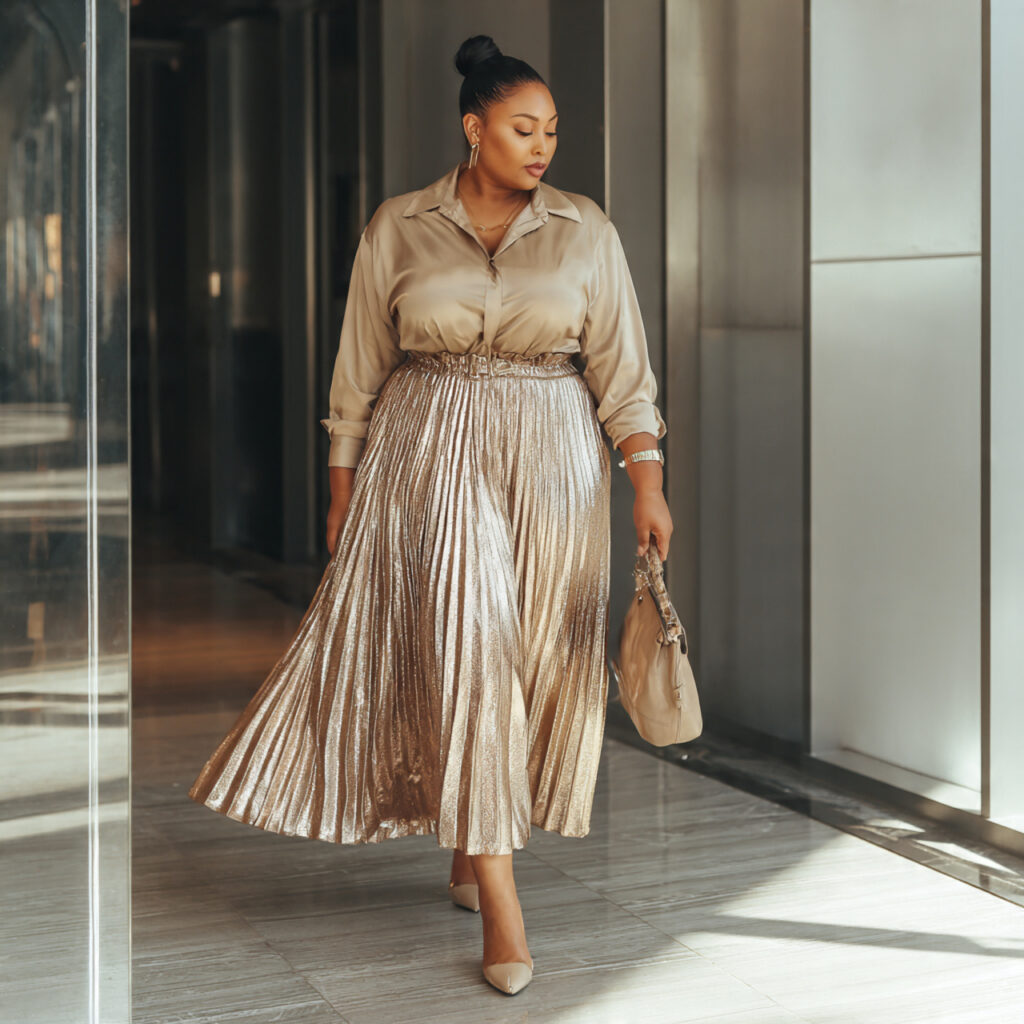 25 Best Plus Size Wedding Outfit Ideas: Stunning Styles for Every Celebration 3 Metallic Pleated Midi Skirt Ensemble