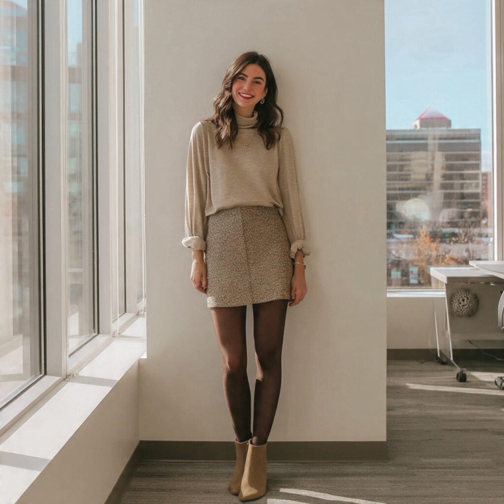 Mock Neck Tops with Tweed Minis and Tights
