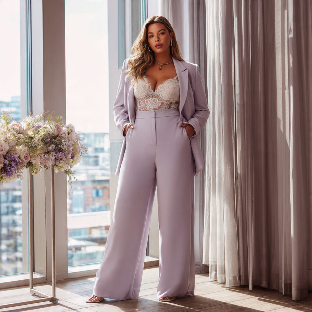 25 Best Plus Size Wedding Outfit Ideas: Stunning Styles for Every Celebration 6 Modern Tailored Pastel Pantsuit