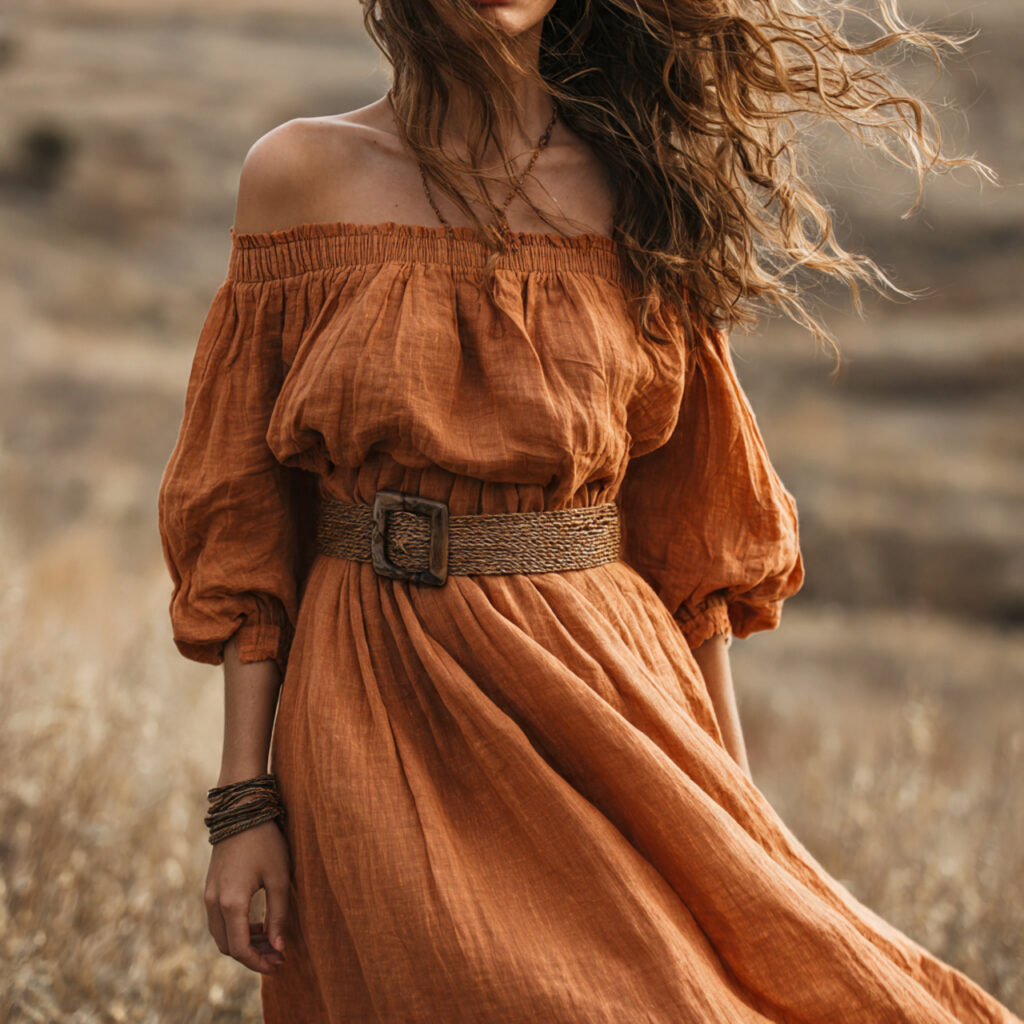 Off the Shoulder Midi Dresses with Woven Belts