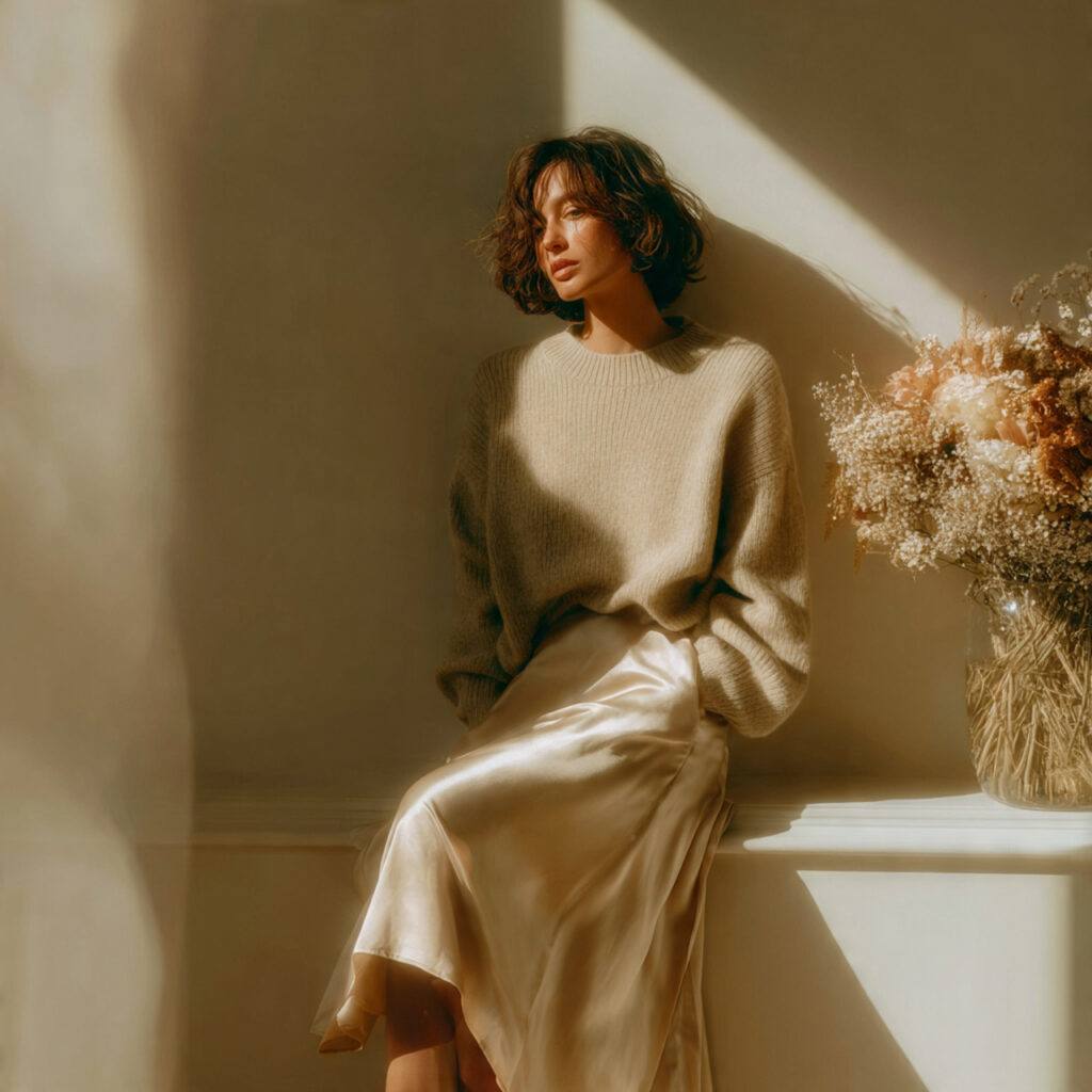 Oversized Cashmere Sweater and Silk Midi Skirt