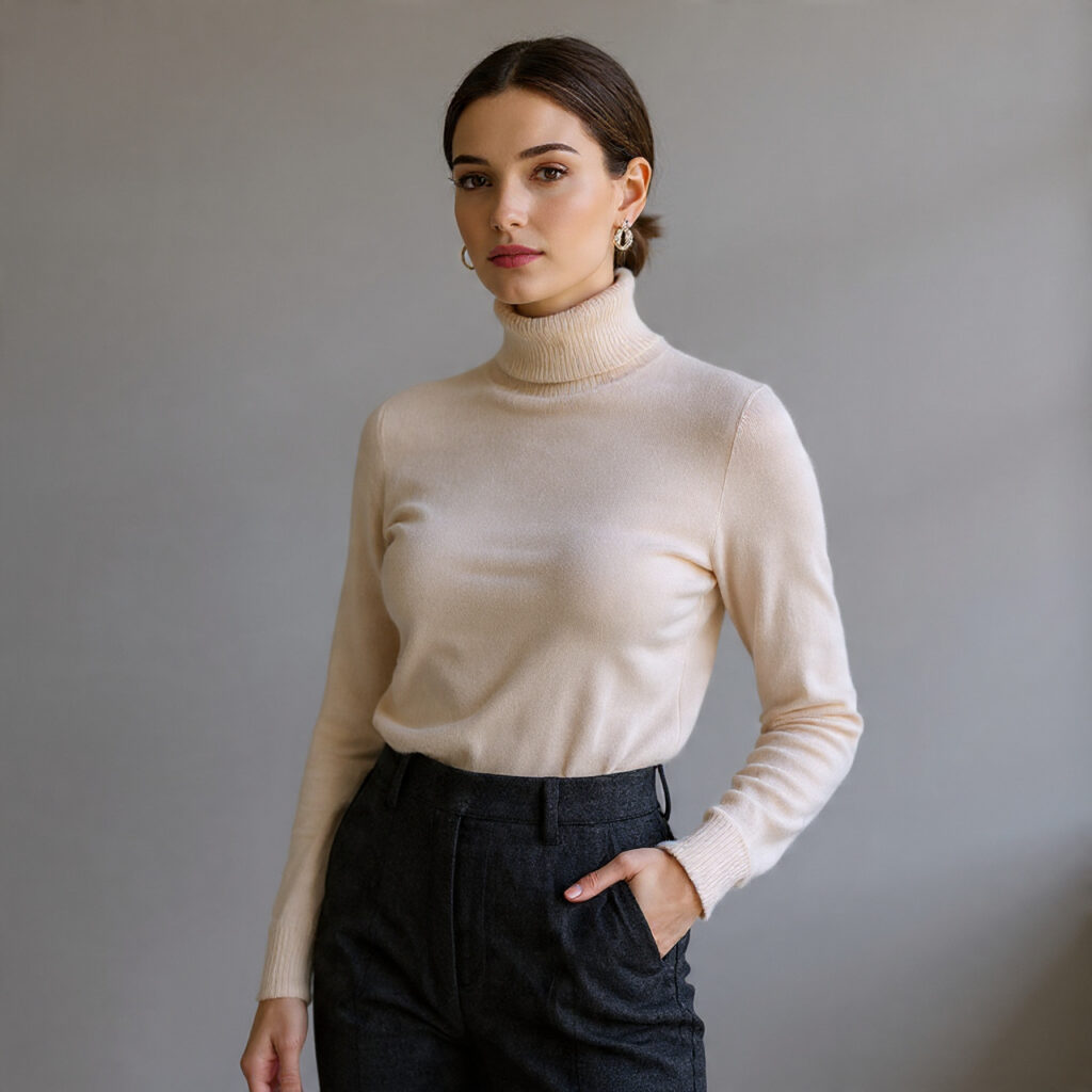 Oversized Cashmere Turtlenecks with Pencil Skirts