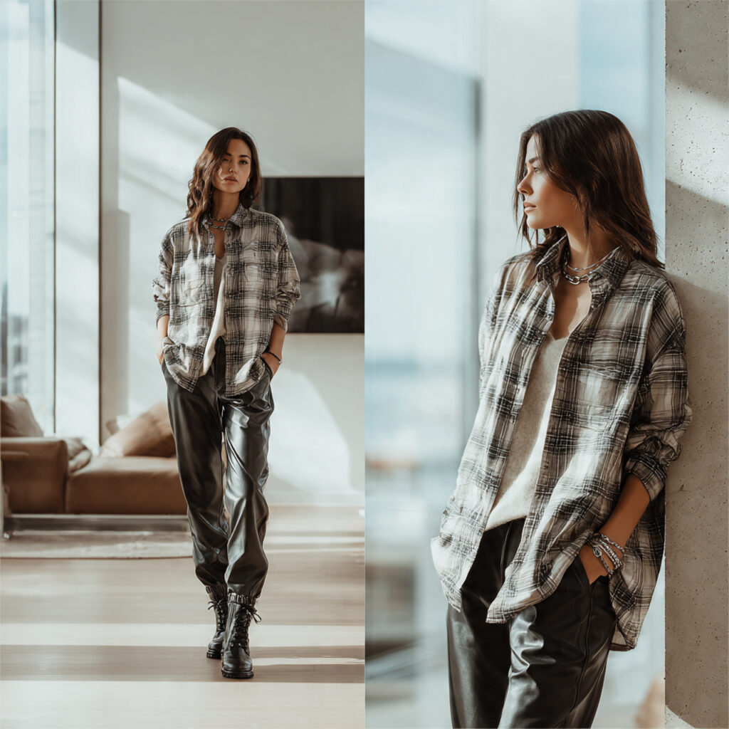 Oversized Flannel Shirt and Faux Leather Pants