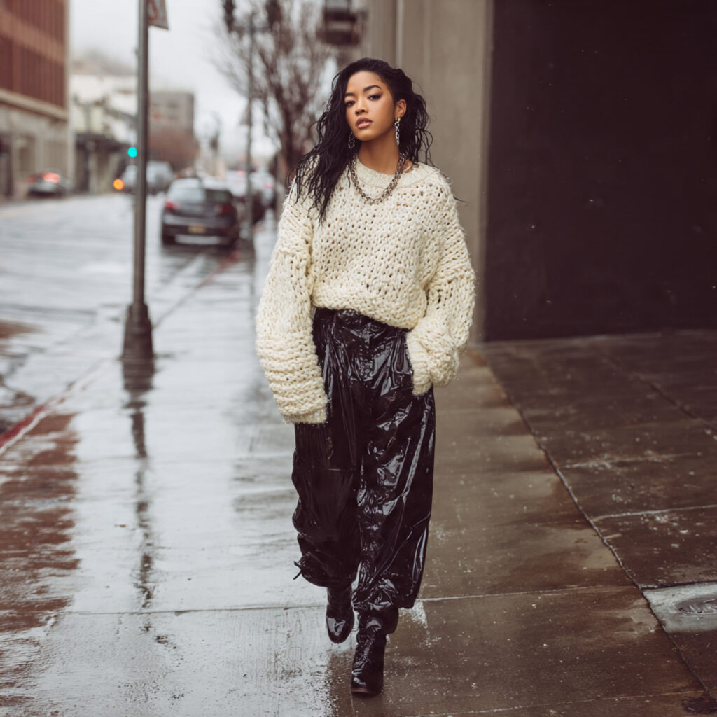 Oversized Knit Sweater and Vinyl Trousers Idea