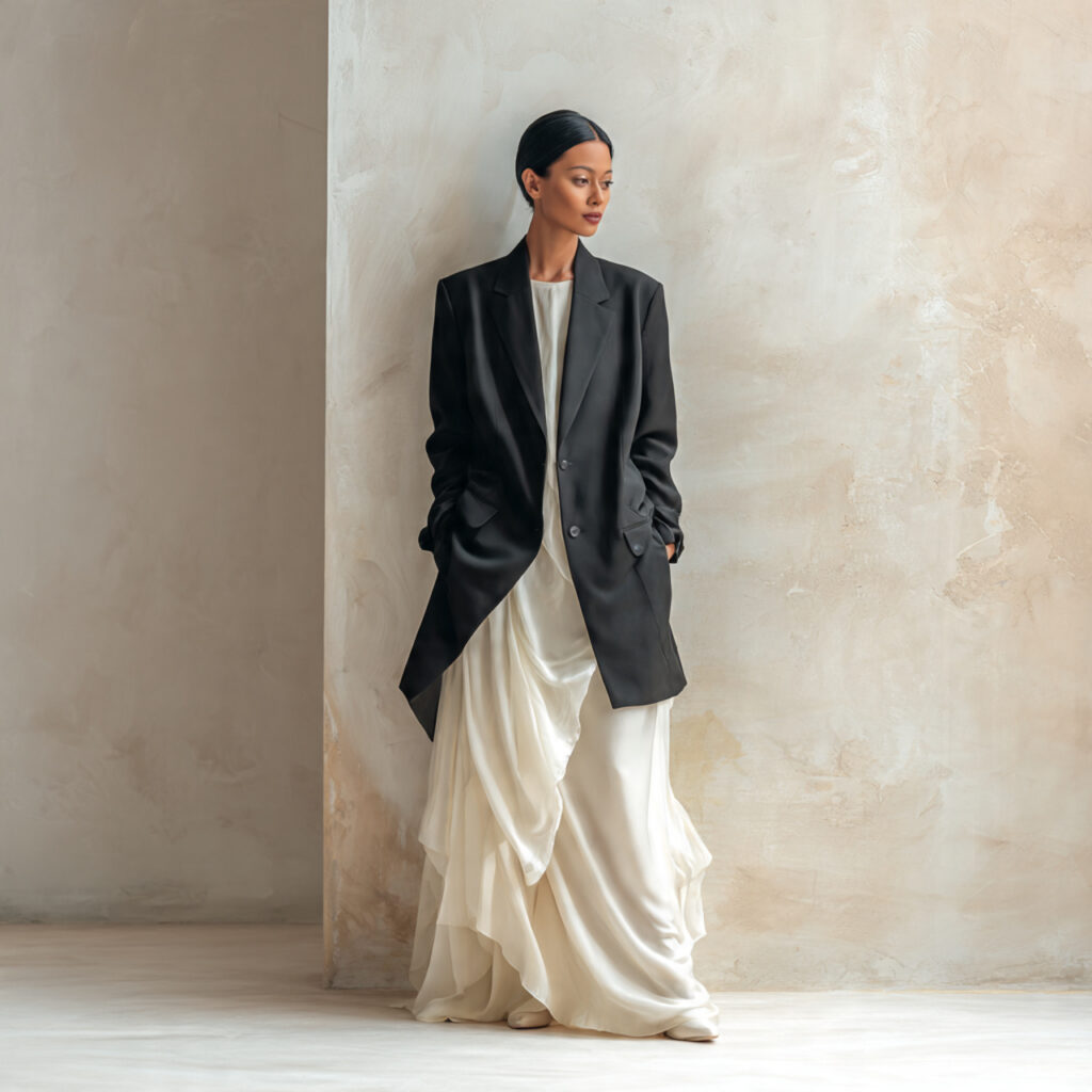 22 Trendy Unique Outfit Ideas That Break Trends & Redefine Fashion 4 Oversized Tailoring with Delicate Silk