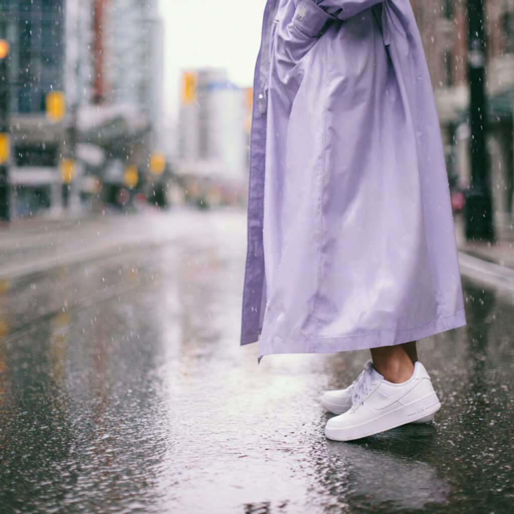 Pastel Rain Mac and White Sneakers Idea