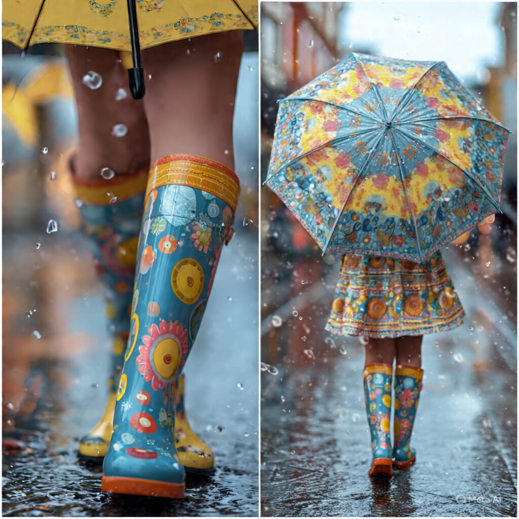 Patterned Umbrella and Matching Rain Boots Idea