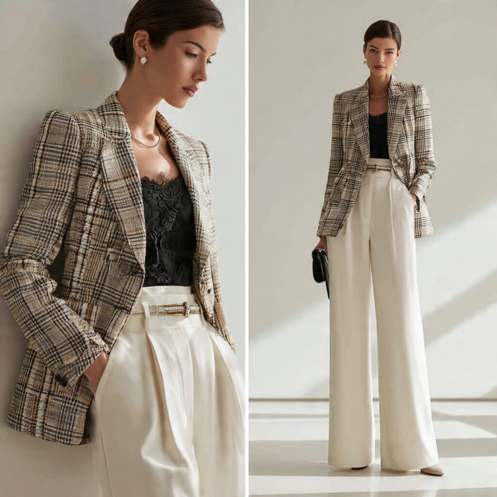 Plaid Blazer and Wide Leg Trouser Combinations