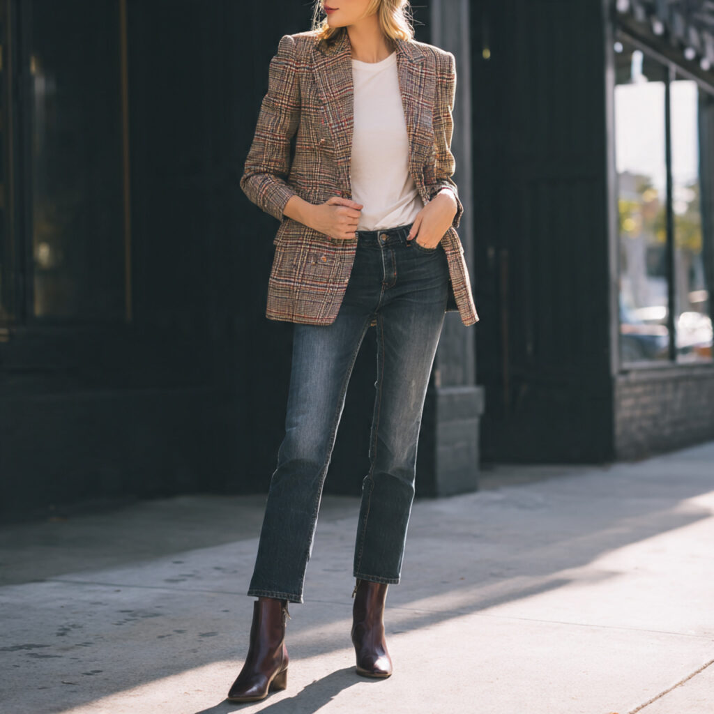 Plaid Blazer with Dark Wash Denim