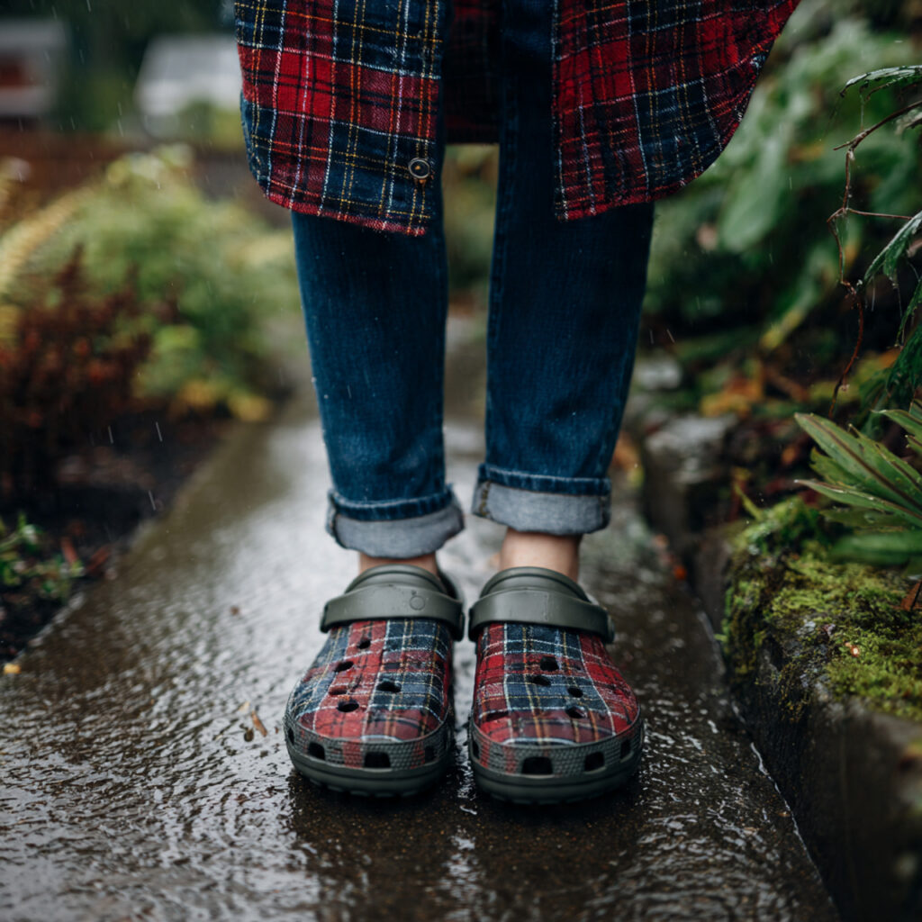 Plaid Flannel and Rubber Rain Clogs Idea