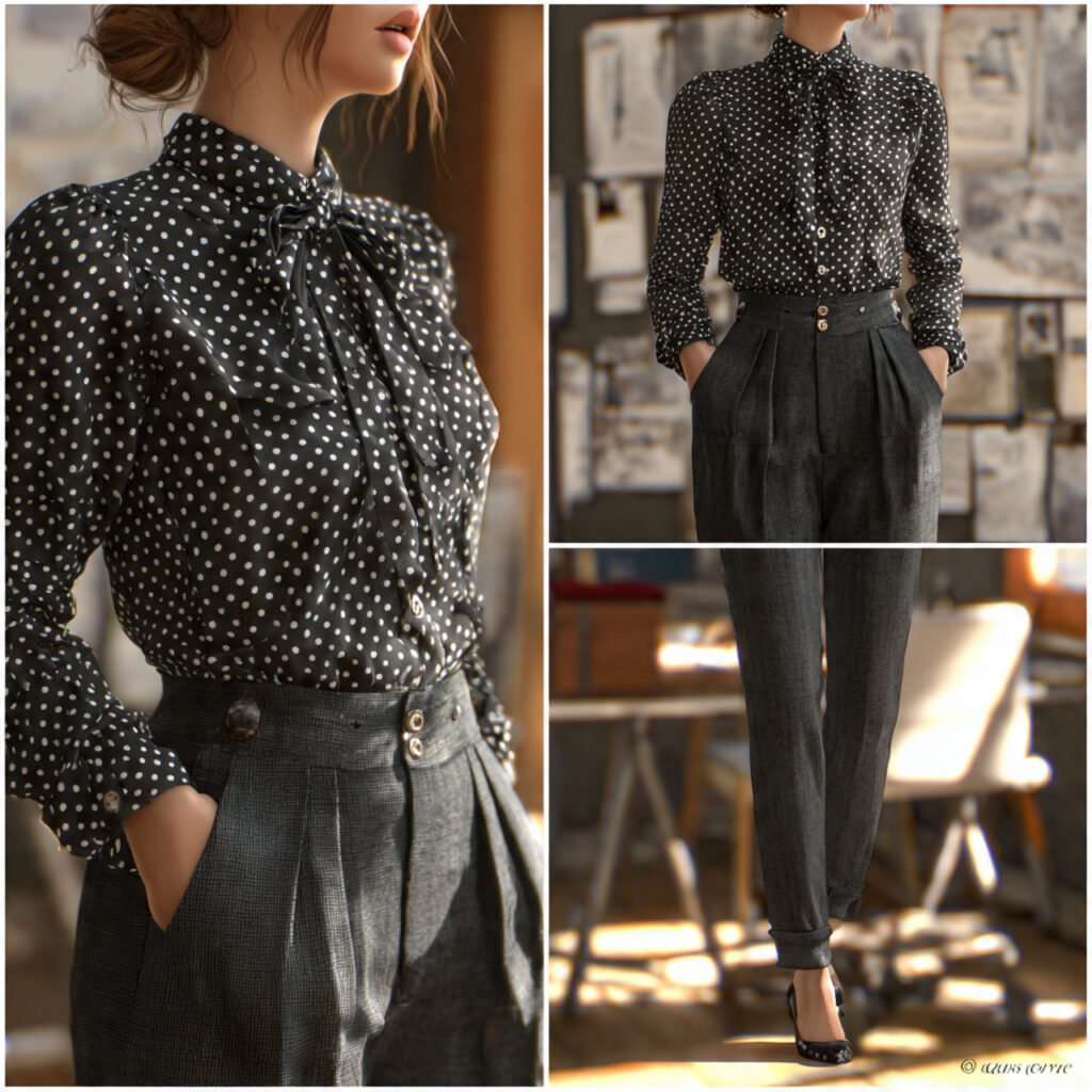 20 Best Teacher Outfit Ideas: Stylish, Comfortable Looks for Every School Day 8 Polka Dot Blouse and Slacks Idea