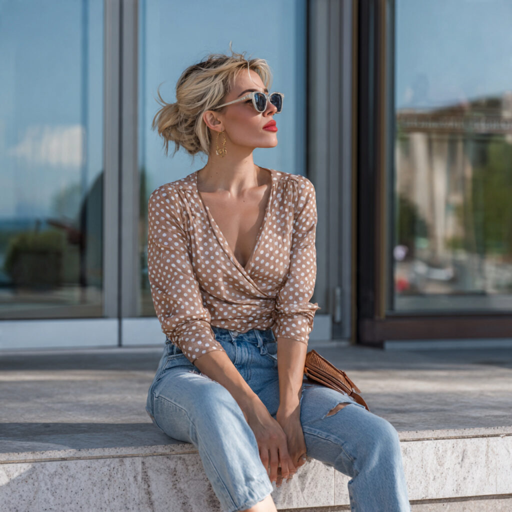 25 Trendy Western Outfit Ideas to Upgrade Your Wardrobe 22 Polka Dot Wrap Top and Straight Leg Jeans Idea