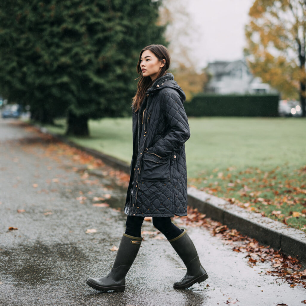 Quilted Liner Jacket and Chelsea Rain Boots Idea