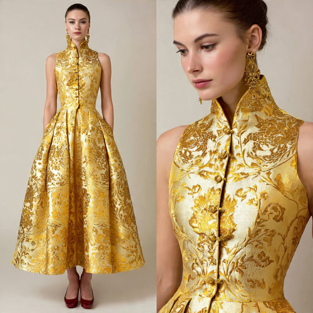 25 Best Plus Size Wedding Outfit Ideas: Stunning Styles for Every Celebration 16 Regal Gold Brocade A Line Silhouette