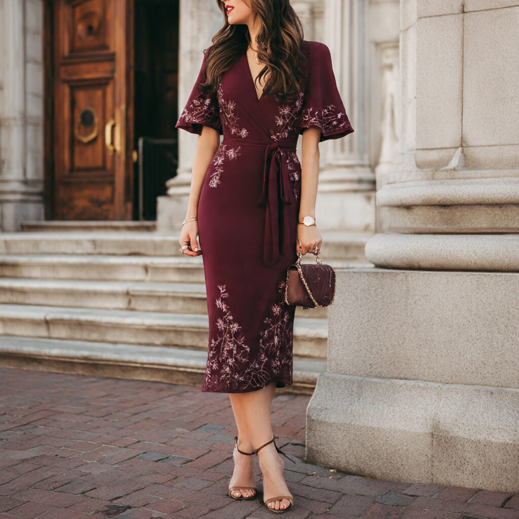 25 Best Plus Size Wedding Outfit Ideas: Stunning Styles for Every Celebration 20 Rich Burgundy Flutter Sleeve Midi
