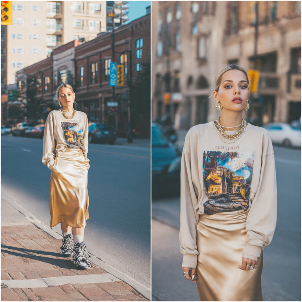 25 Trendy Western Outfit Ideas to Upgrade Your Wardrobe 16 Satin Midi Skirt and Graphic Sweatshirt Idea