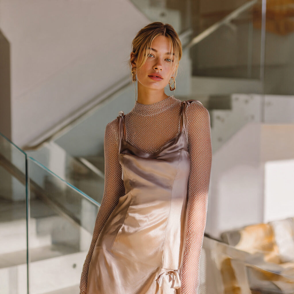 Satin Slip Dress Layered Over Mesh Top