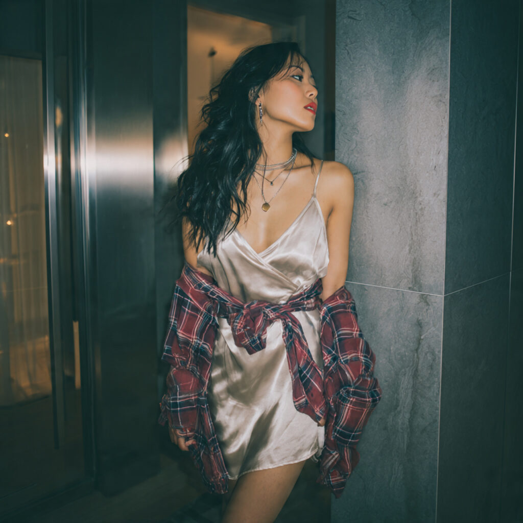 Satin Slip Dress with Flannel Wrap