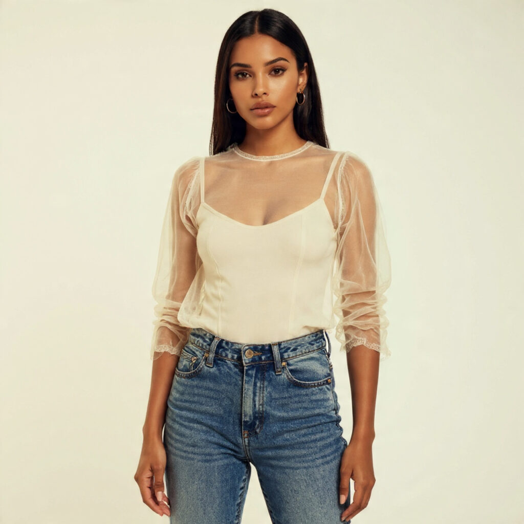 25 Trendy Western Outfit Ideas to Upgrade Your Wardrobe 25 Sheer Organza Top and High-Rise Denim Idea