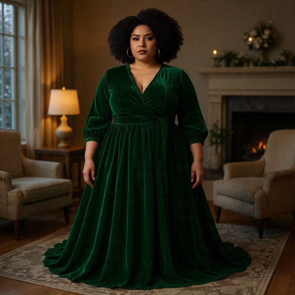25 Best Plus Size Wedding Outfit Ideas: Stunning Styles for Every Celebration 5 Sleek Jewel Tone Velvet Wrap Dress