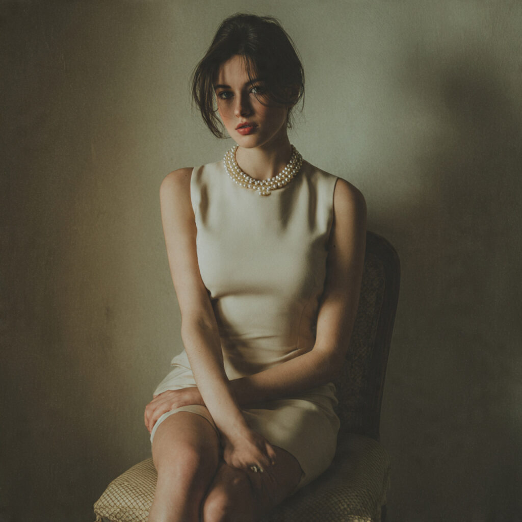 Sleeveless Shift Dress with a Pearl Necklace