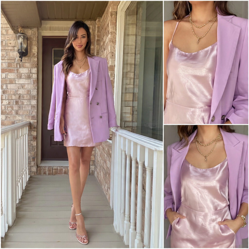 25 Best Plus Size Wedding Outfit Ideas: Stunning Styles for Every Celebration 17 Soft Lavender Satin Slip Dress and Blazer