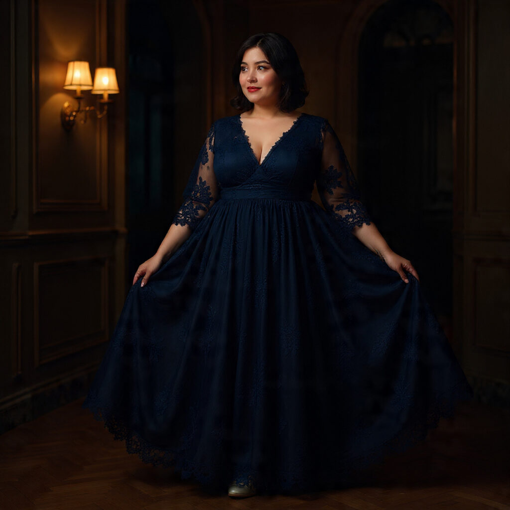 25 Best Plus Size Wedding Outfit Ideas: Stunning Styles for Every Celebration 2 Sophisticated Navy Lace Cocktail Attire