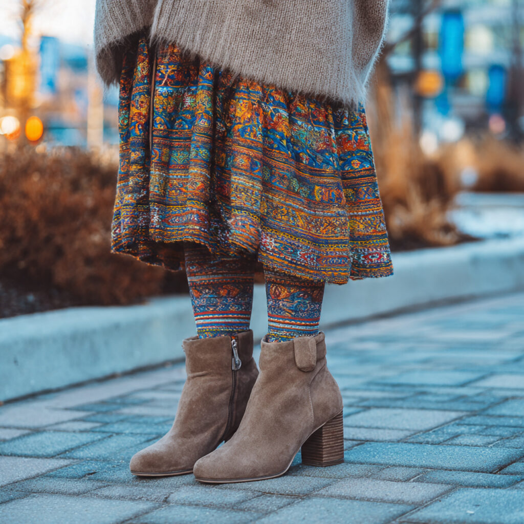 20 Trendy Cute Winter Outfits Ideas to Elevate Your Seasonal Wardrobe 20 Suede Ankle Boots with Patterned Tights