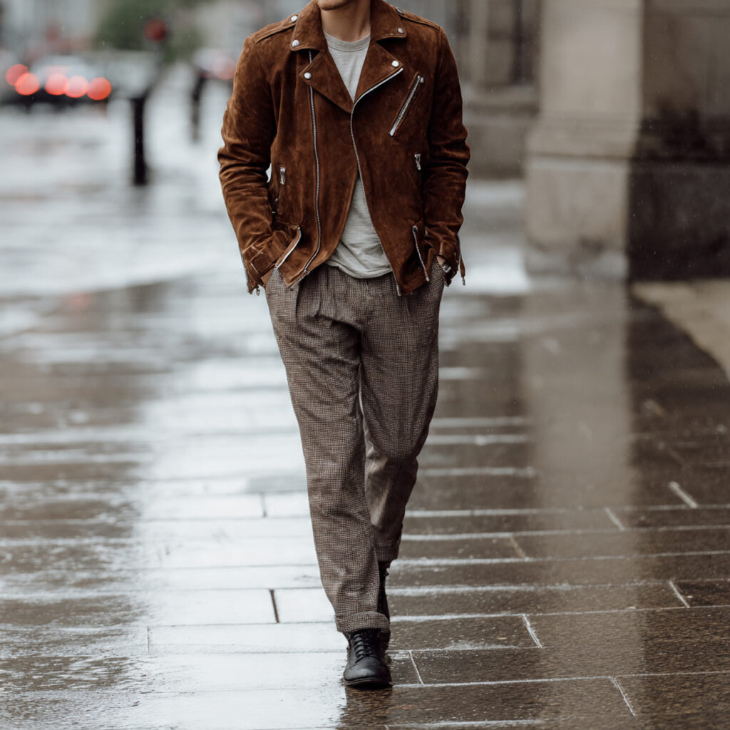 Suede Moto Jacket and Water Repellent Slacks Idea