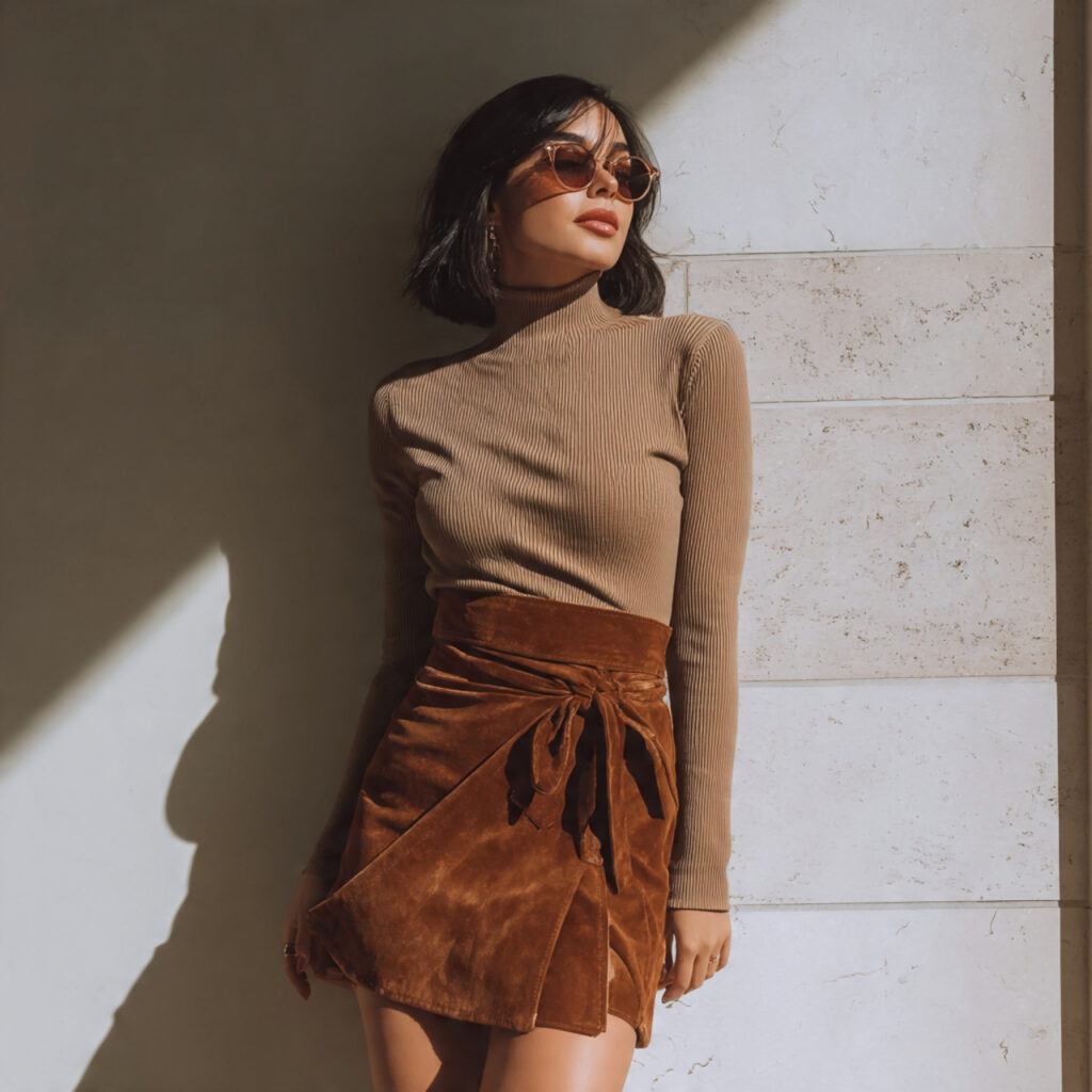 25 Trendy Western Outfit Ideas to Upgrade Your Wardrobe 21 Suede Wrap Skirt and Ribbed Knit Idea
