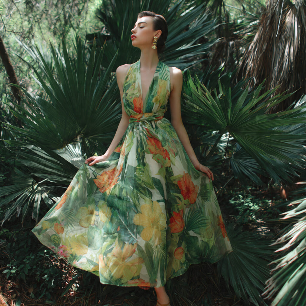 25 Best Plus Size Wedding Outfit Ideas: Stunning Styles for Every Celebration 19 Tropical Botanical Print Organza Dress