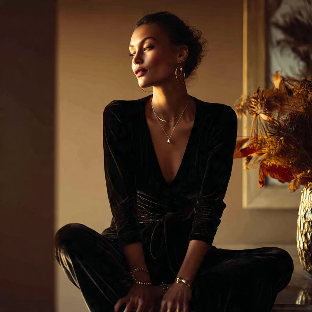 Velvet Jumpsuit with Gold Accessories