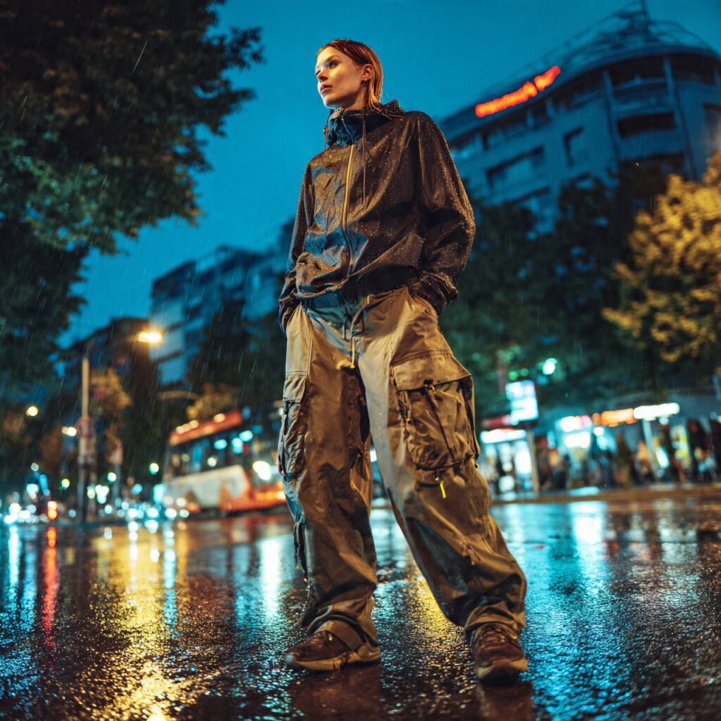 Wide Leg Cargo Pants and Technical Rain Jacket Idea