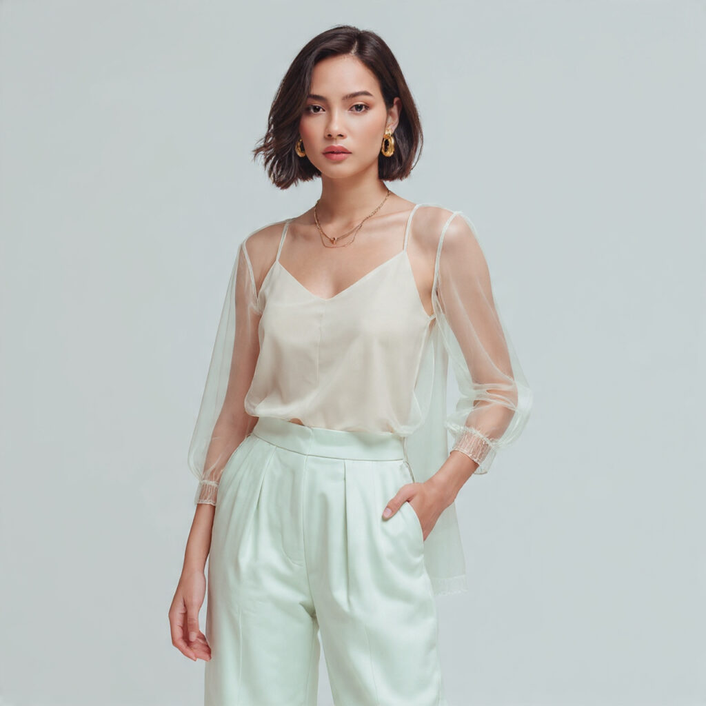 Wide-Leg Trousers and Sheer Blouse Ensemble