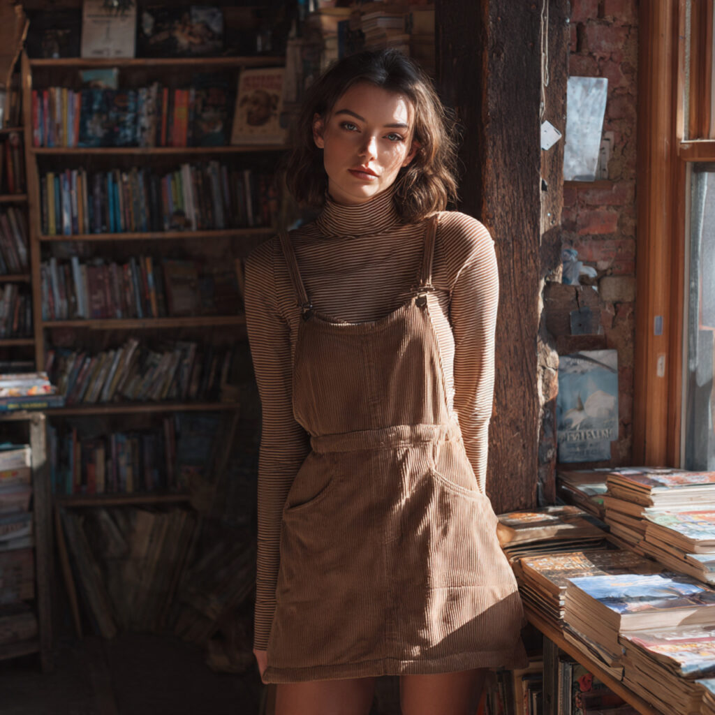 Corduroy Overall Dress with Striped Turtleneck