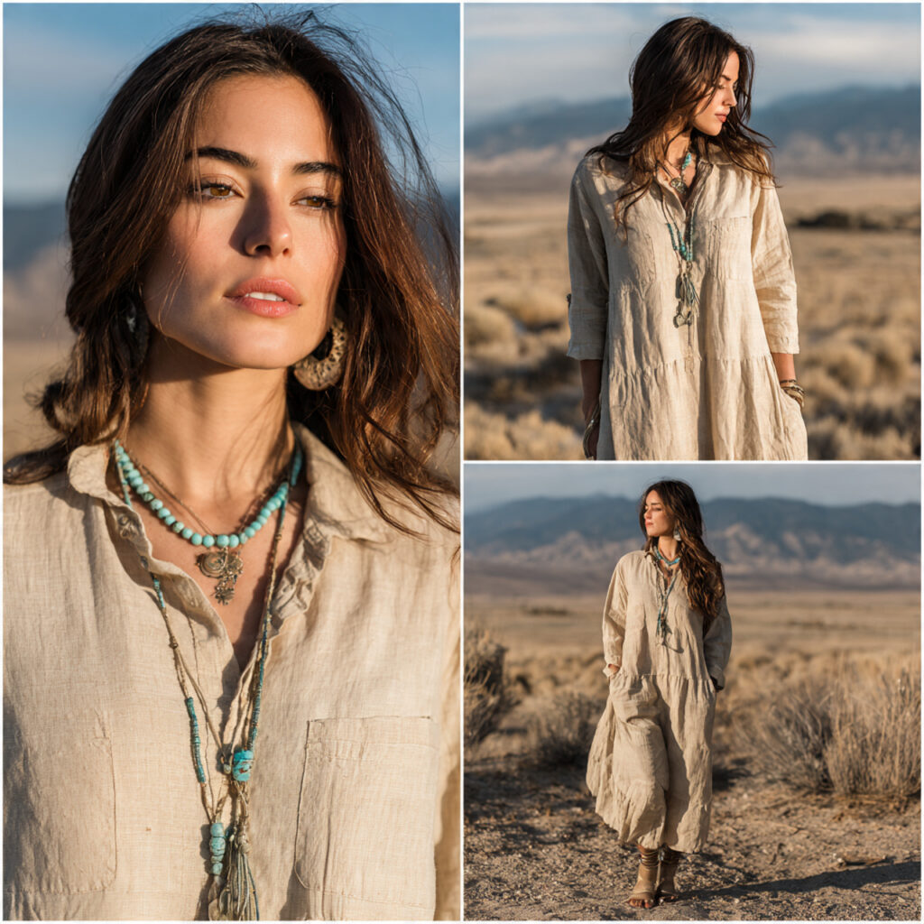 Layered Linen Tunic with Chunky Turquoise Jewelry