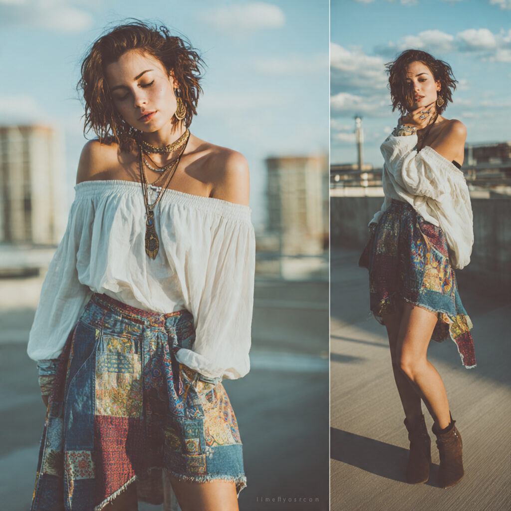 Patchwork Denim Skirt and Off the Shoulder Blouse
