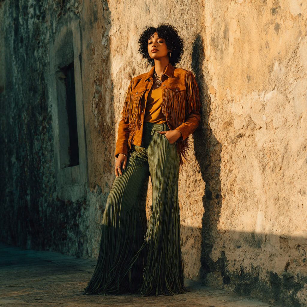 Suede Fringe Jacket and Wide Leg Trousers