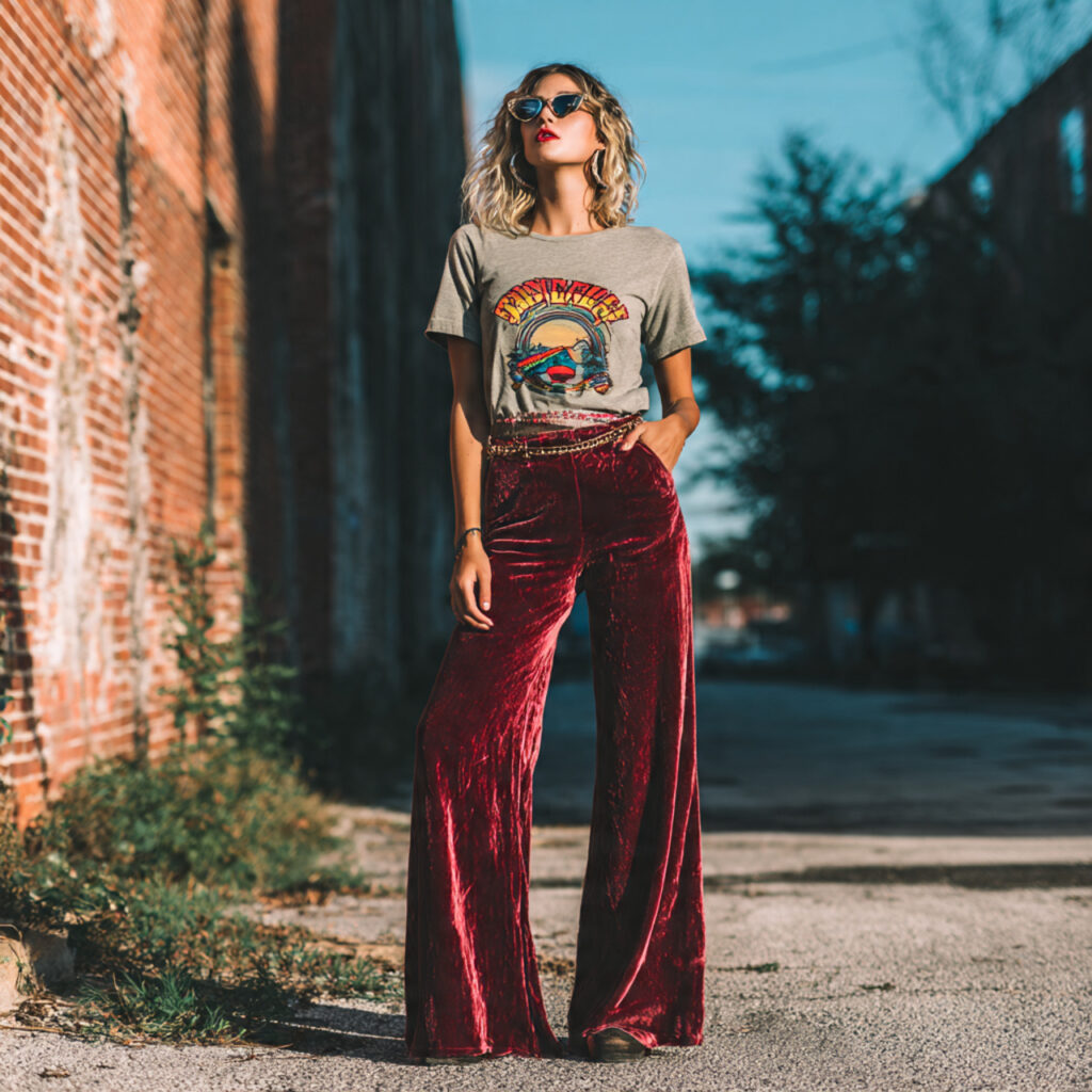 Velvet Bell Bottoms and Graphic Band Tee